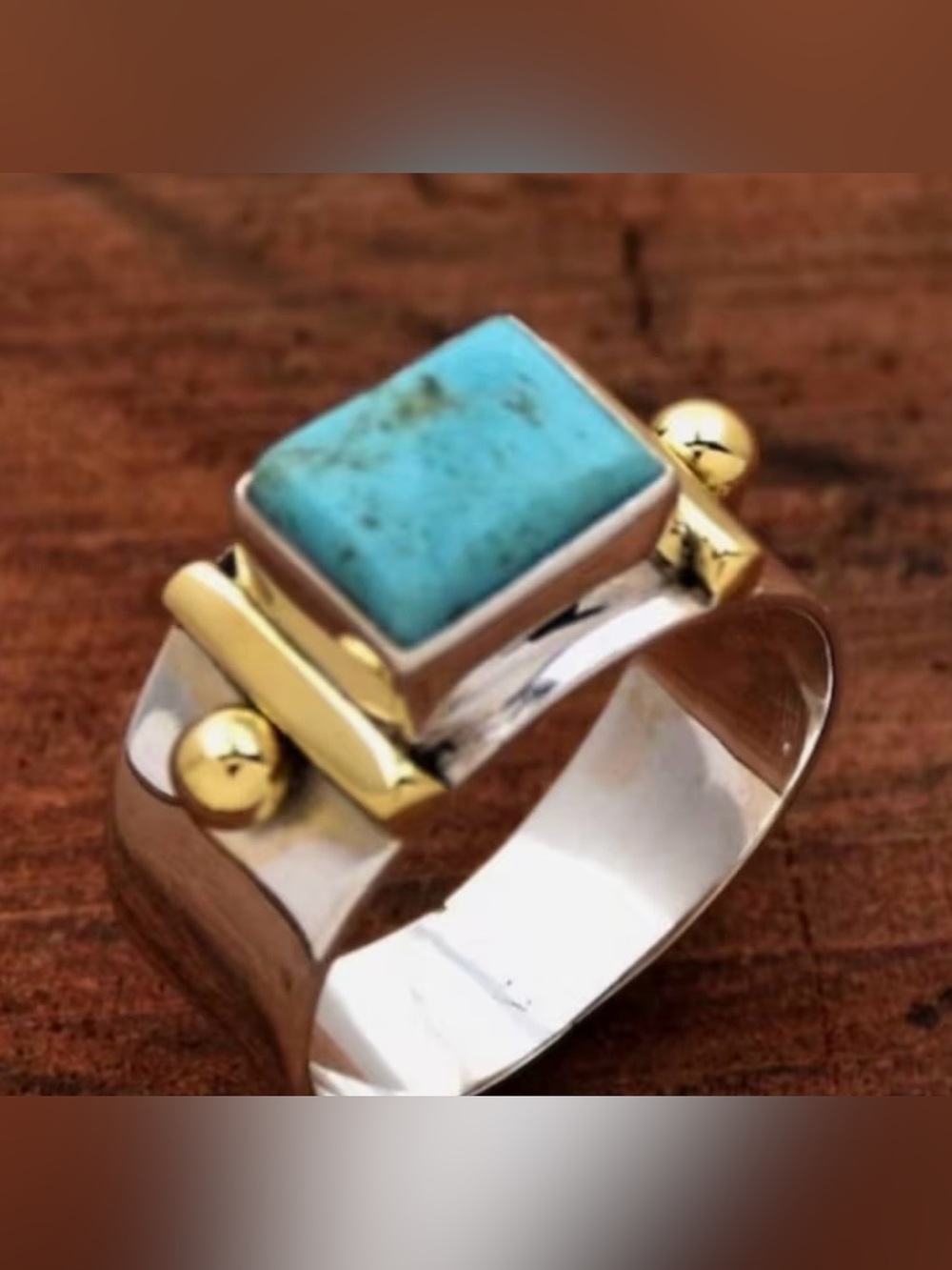 Sterling Silver & Gold Turquoise Square Ring - Blue Turquoise Size 8